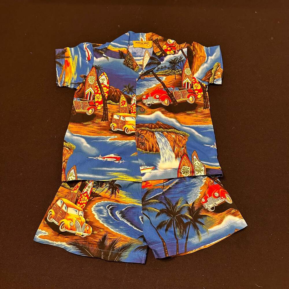 Royal Hawaiian Creations Blue Surfboard Woody Car Hawaiian Shirt Youth sz 4